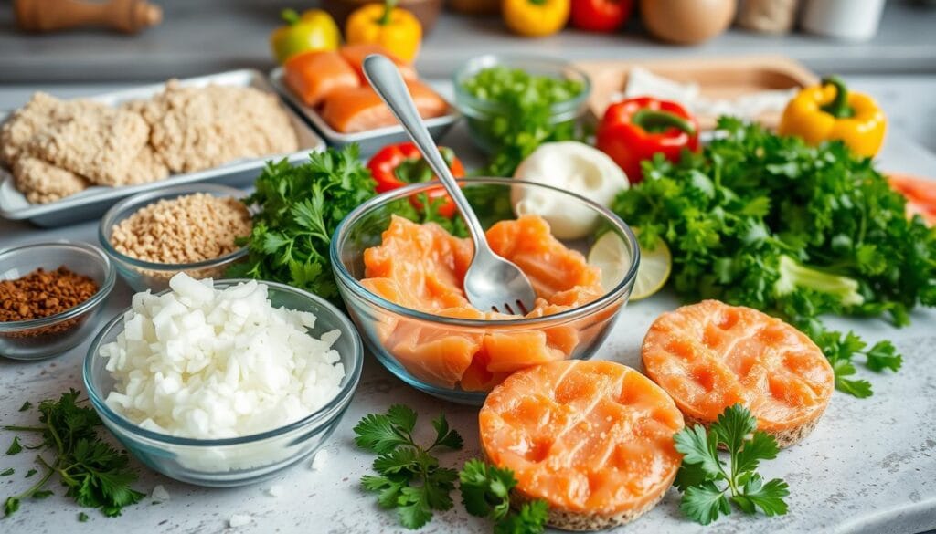 Preparing salmon patty mixture