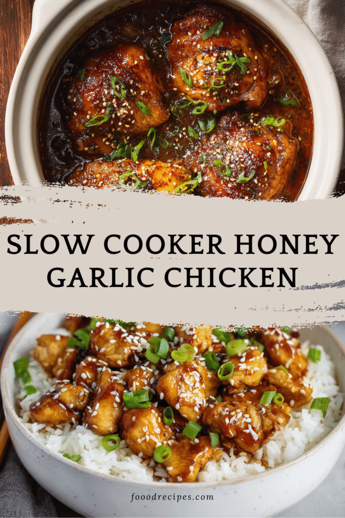 Slow cooker honey garlic chicken topped with scallions and sesame seeds