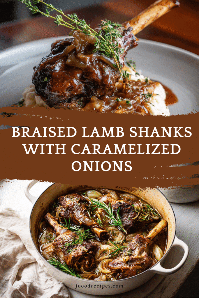 Braised lamb shank served over mashed potatoes with rich onion gravy and rosemary in a Dutch oven