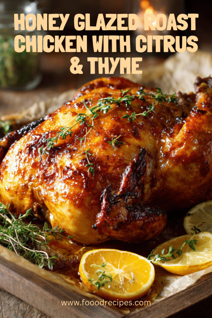 Alt Text for Image: Glazed roasted chicken garnished with fresh thyme and citrus slices, on a rustic tray with golden crispy skin