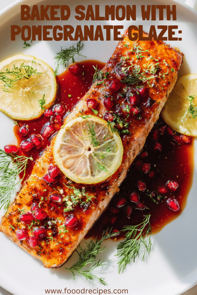 baked salmon with pomegranate glaze served with lemon and herbs