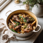 Braised lamb shanks with caramelized onions in bright rustic setting