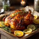 Honey glazed roast chicken with citrus and thyme