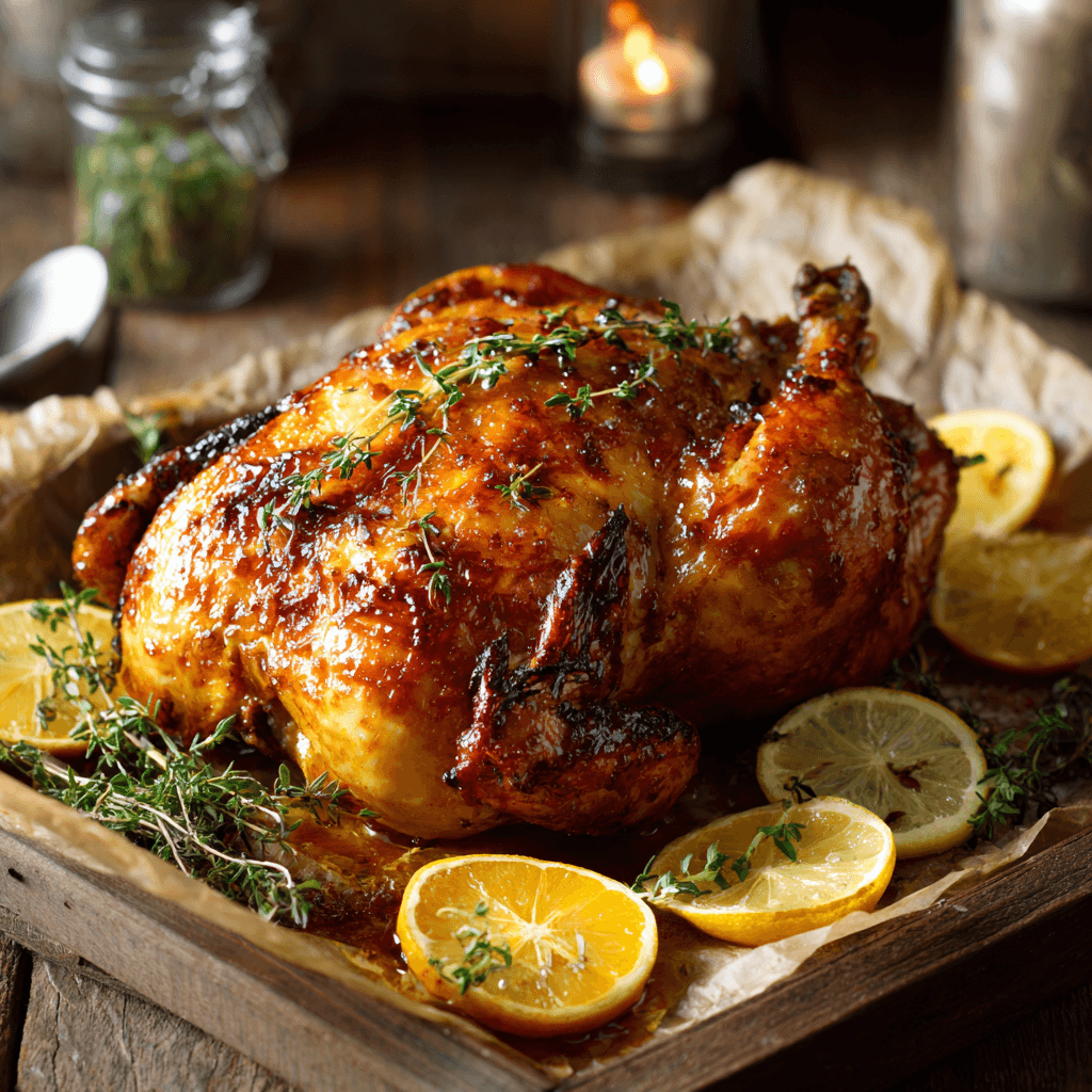 Honey glazed roast chicken with citrus and thyme