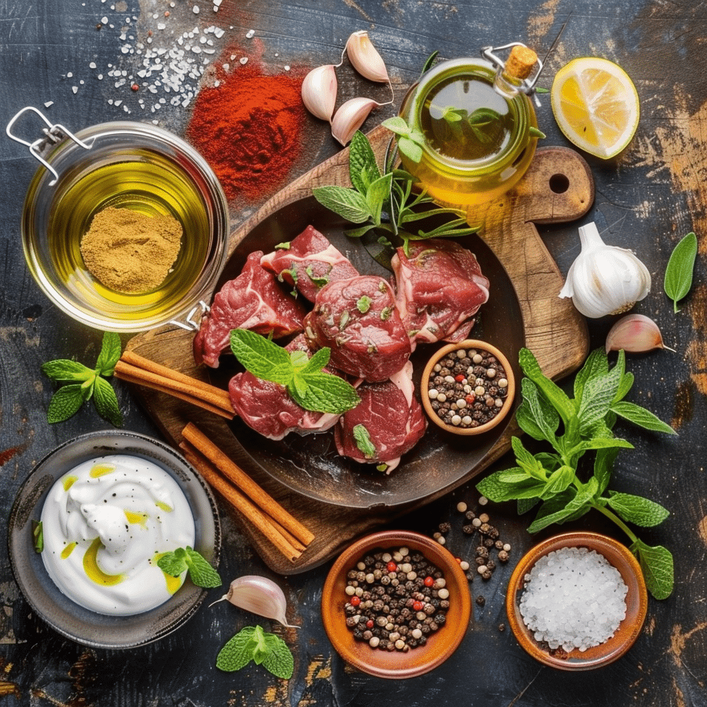 Moroccan leg of lamb ingredients including spices and yogurt