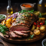 Moroccan leg of lamb served with roasted vegetables on rustic platter