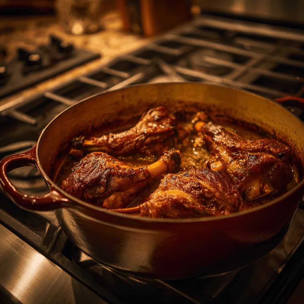 Lamb shanks browning in Dutch oven
