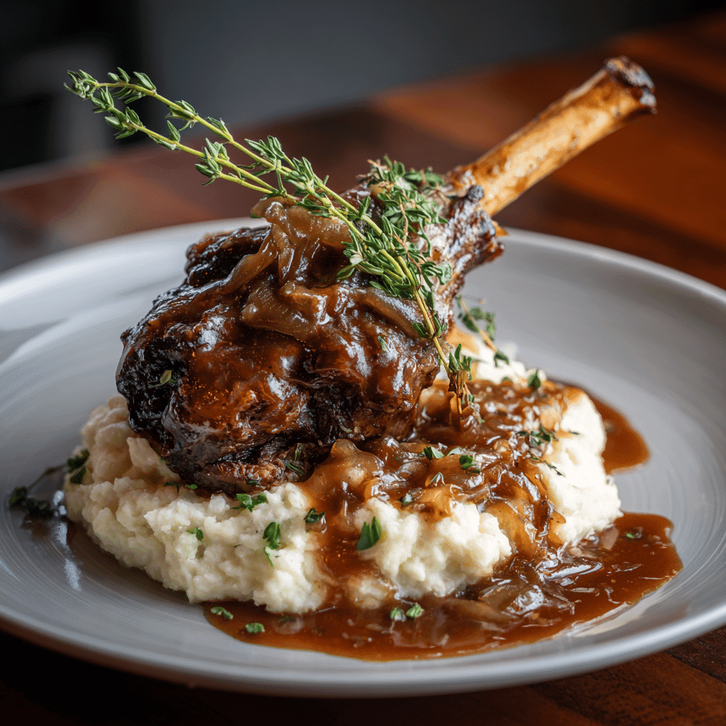 Braised lamb shank plated with mashed potatoes