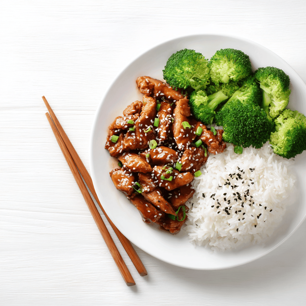 Served teriyaki chicken with rice and vegetables