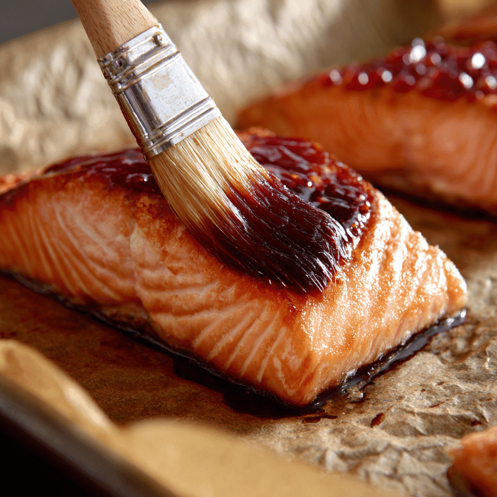 brushing pomegranate glaze onto salmon
