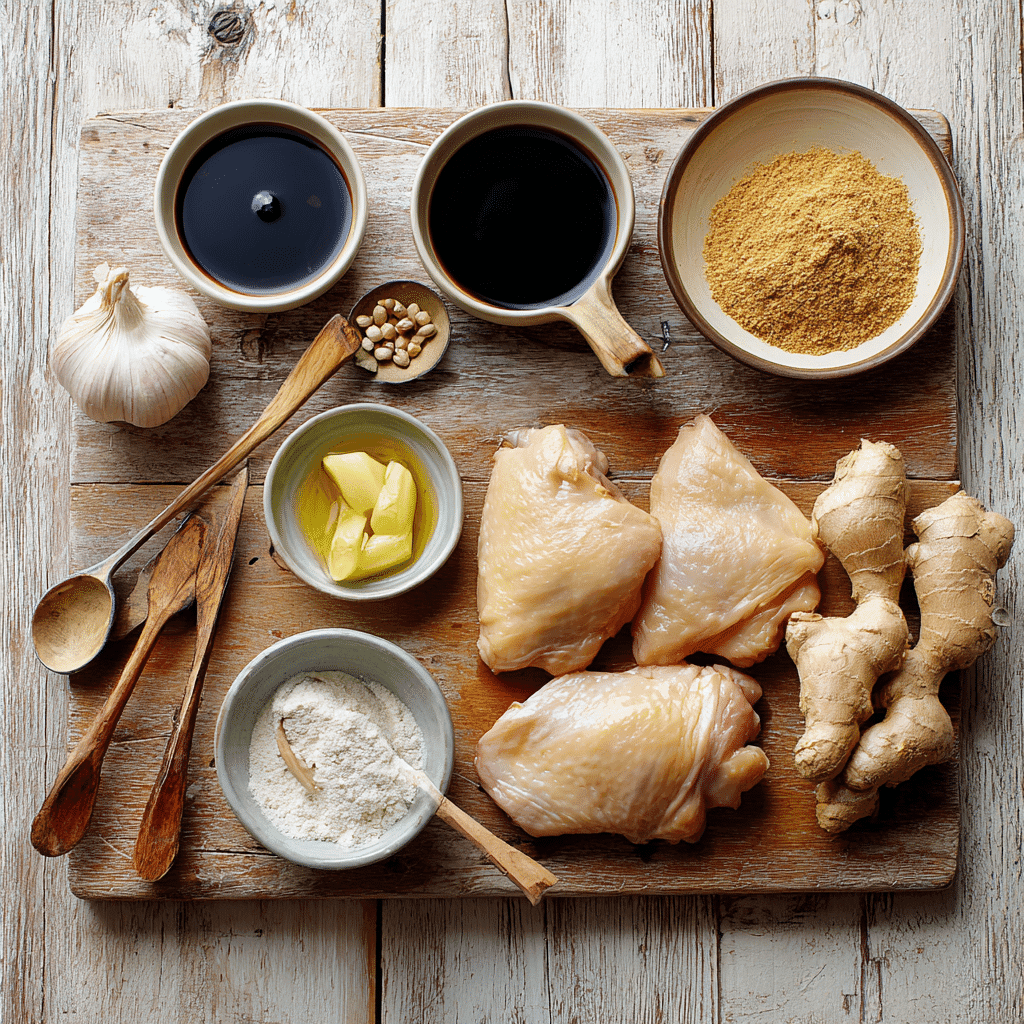 Teriyaki chicken ingredients on a wooden board