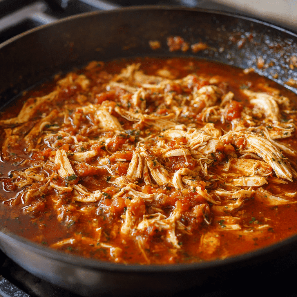Chicken taco filling simmering in pan
