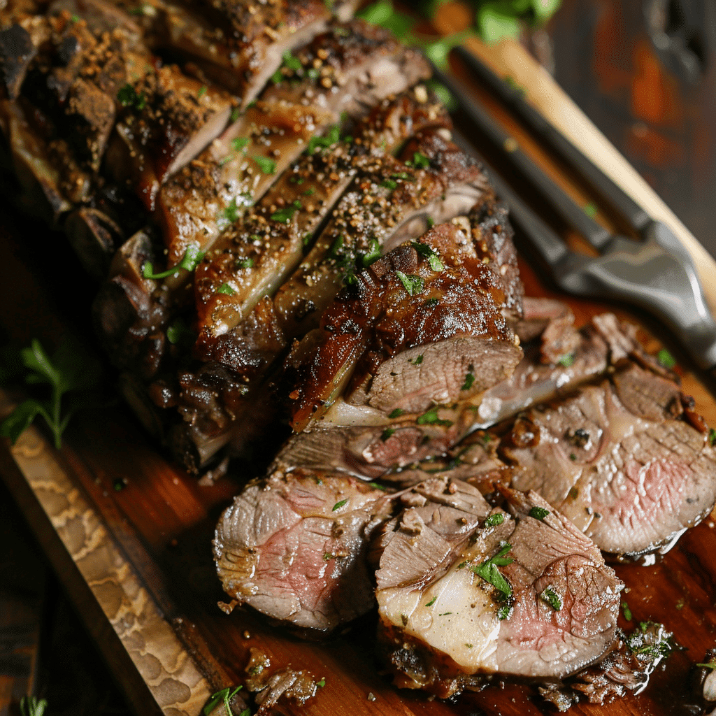 Sliced Moroccan leg of lamb with golden crust and juicy center
