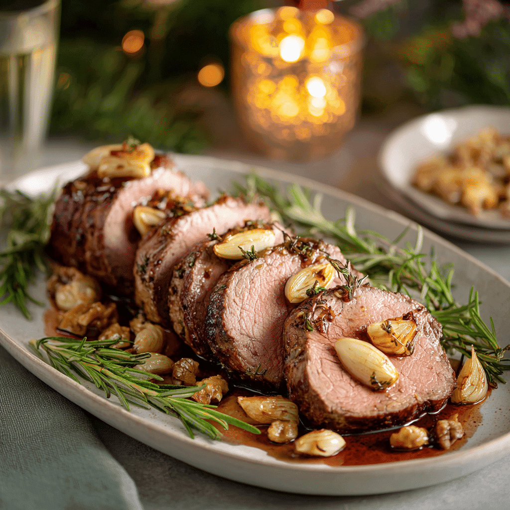 sliced garlic rosemary beef tenderloin on platter