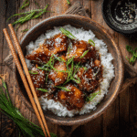 Crockpot Teriyaki Chicken served with rice and sesame seeds