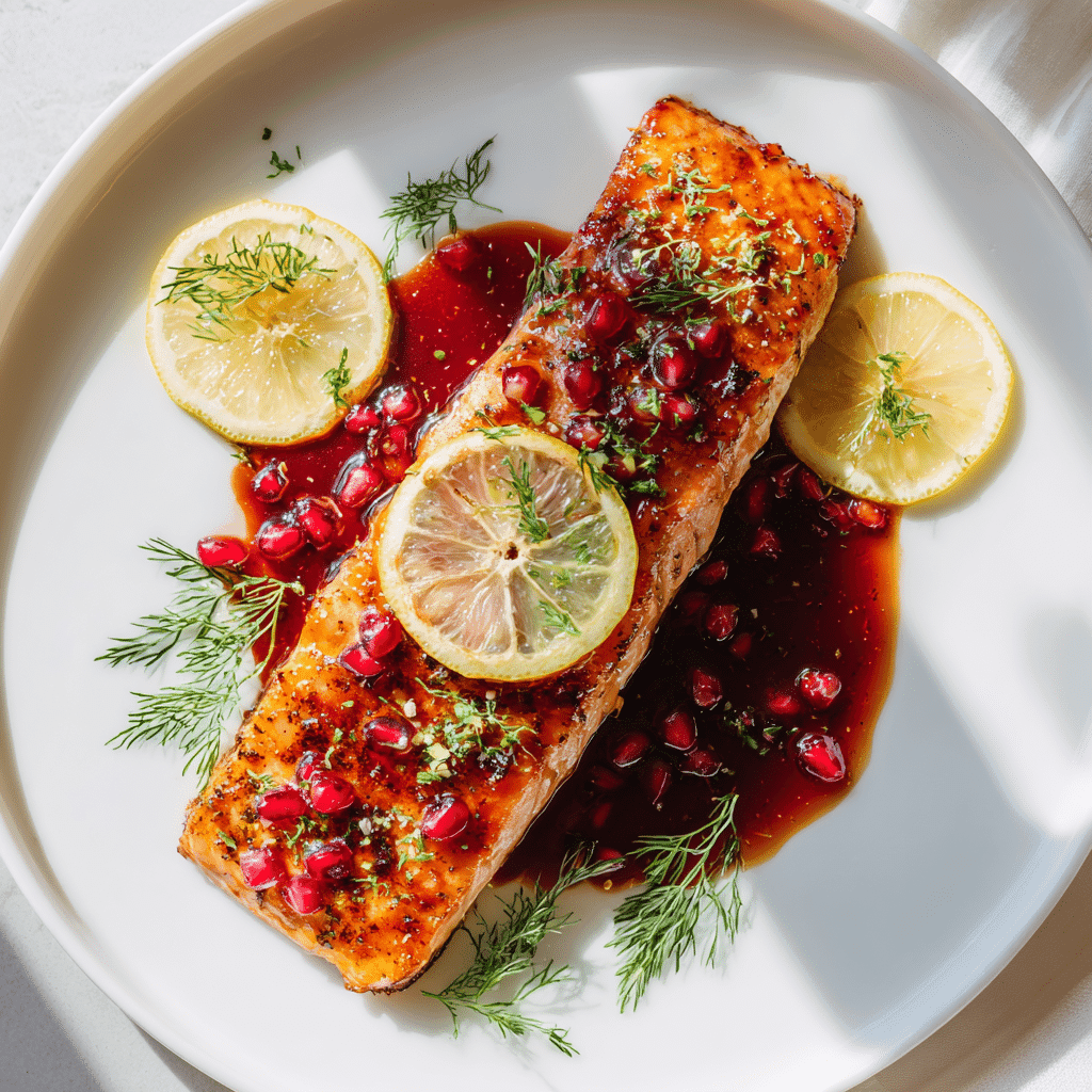 baked salmon with pomegranate glaze on plate