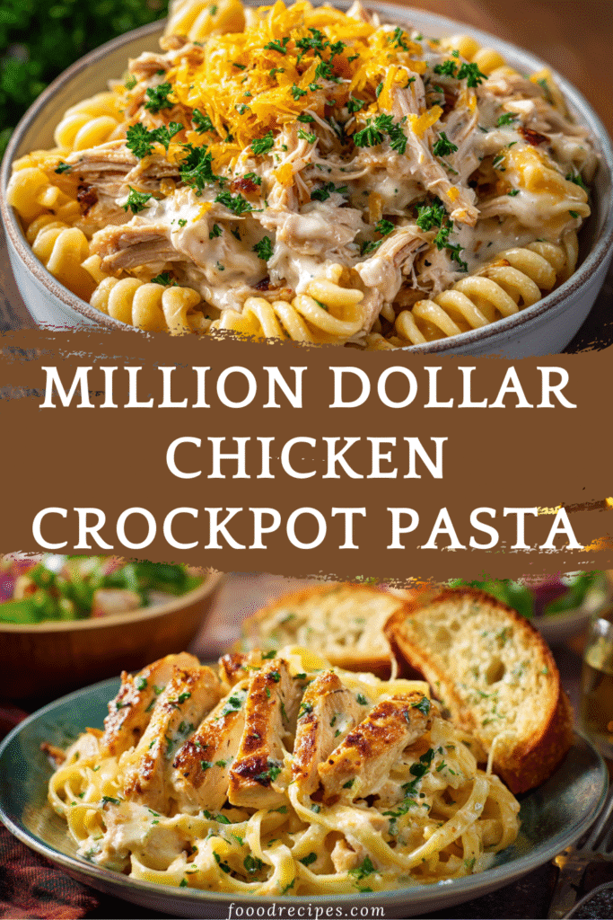 Million Dollar Chicken Crockpot Pasta served in creamy sauce with shredded chicken and cheese
