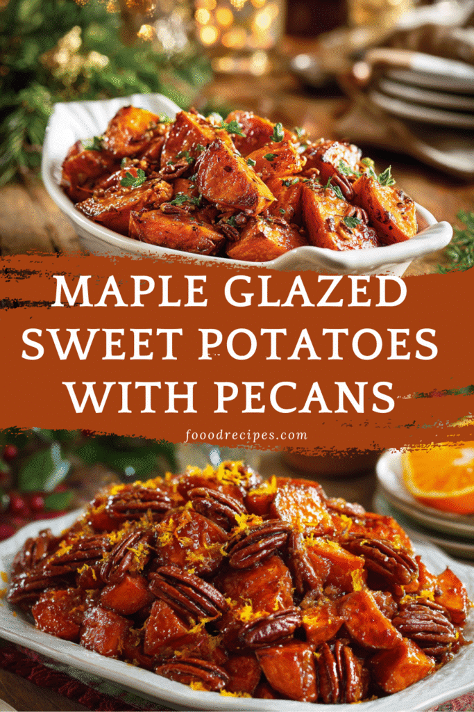maple glazed sweet potatoes with pecans served in holiday style