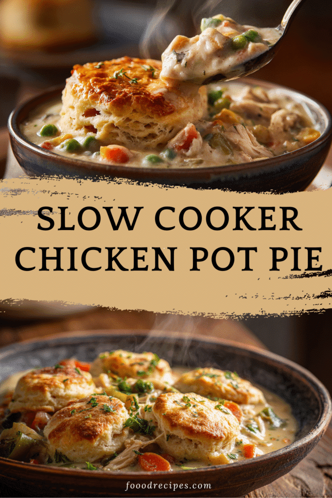Slow Cooker Chicken Pot Pie topped with golden biscuits