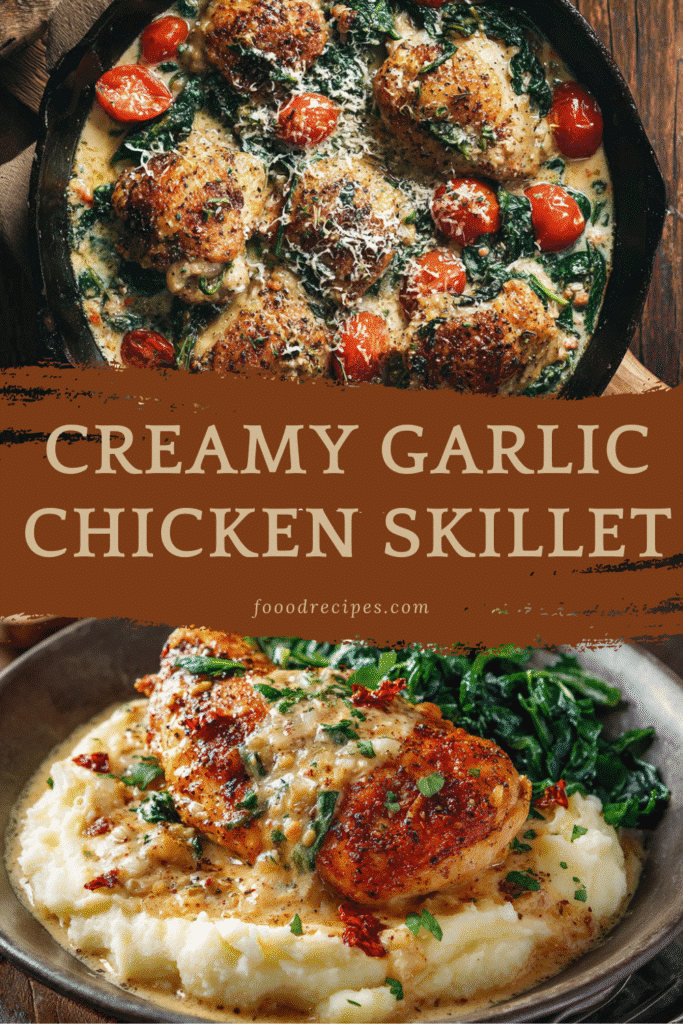 Creamy garlic chicken skillet with crispy thighs, creamy sauce, and mashed potatoes – styled for a cozy dinner pin