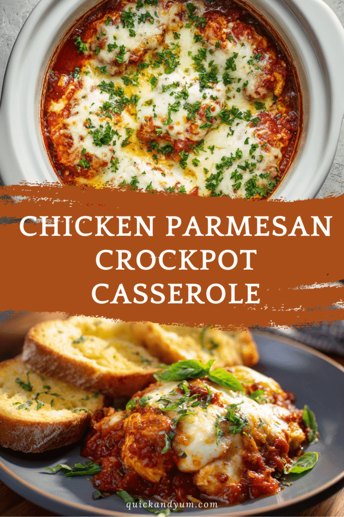 chicken parmesan crockpot casserole served with garlic bread