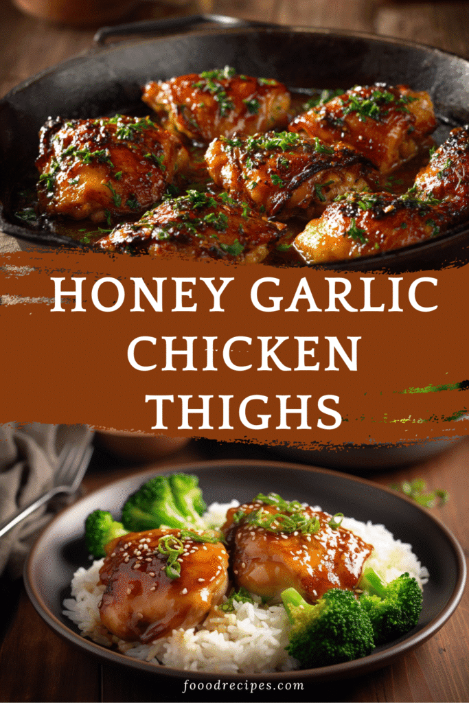Honey garlic chicken thighs in a skillet and served with rice and broccoli