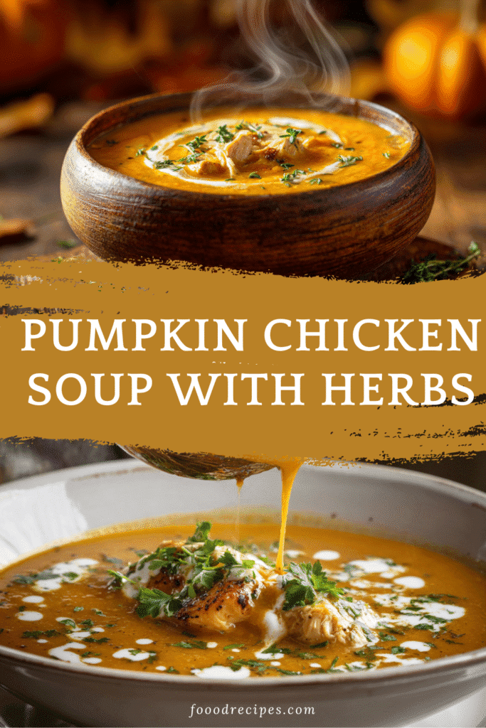 Pumpkin chicken soup with herbs in a rustic wooden and ceramic bowl, topped with fresh parsley and cream drizzle