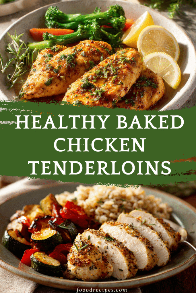 Healthy baked chicken tenderloins with vegetables and brown rice