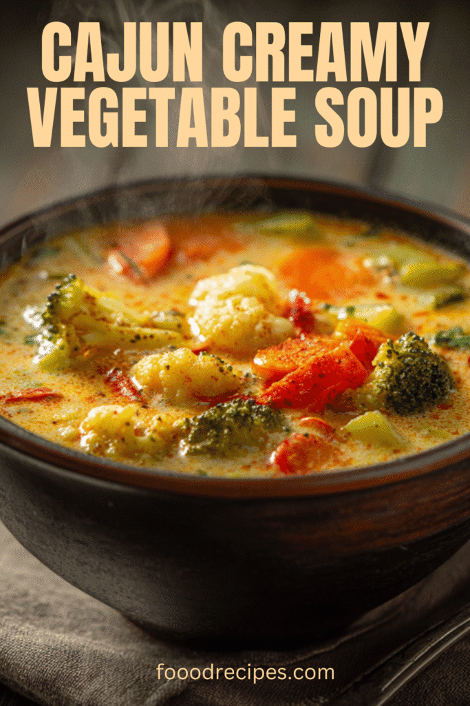 Cajun creamy vegetable soup in a rustic bowl with broccoli, carrots, and creamy broth