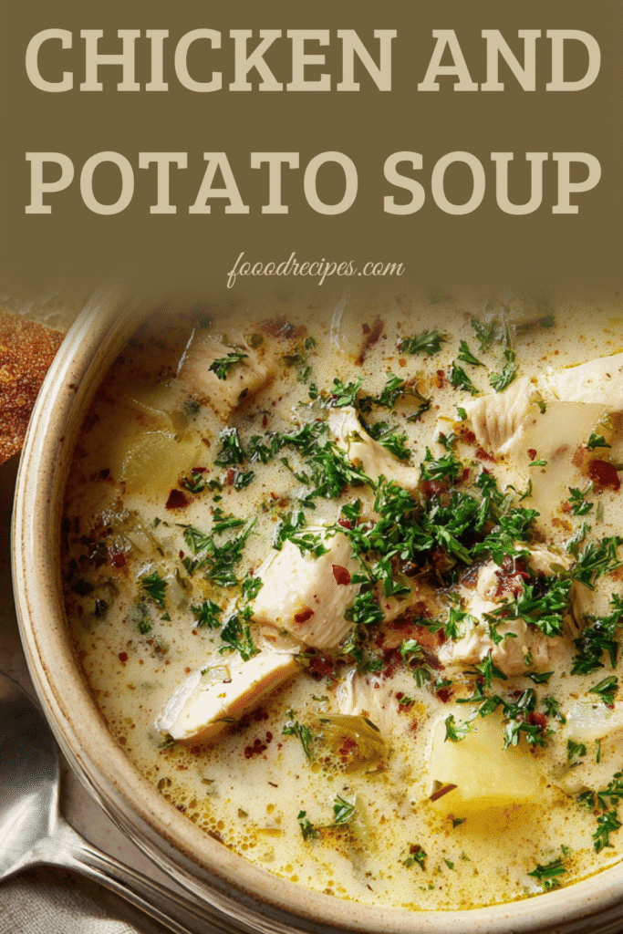 Chicken and potato soup in a creamy broth with fresh herbs