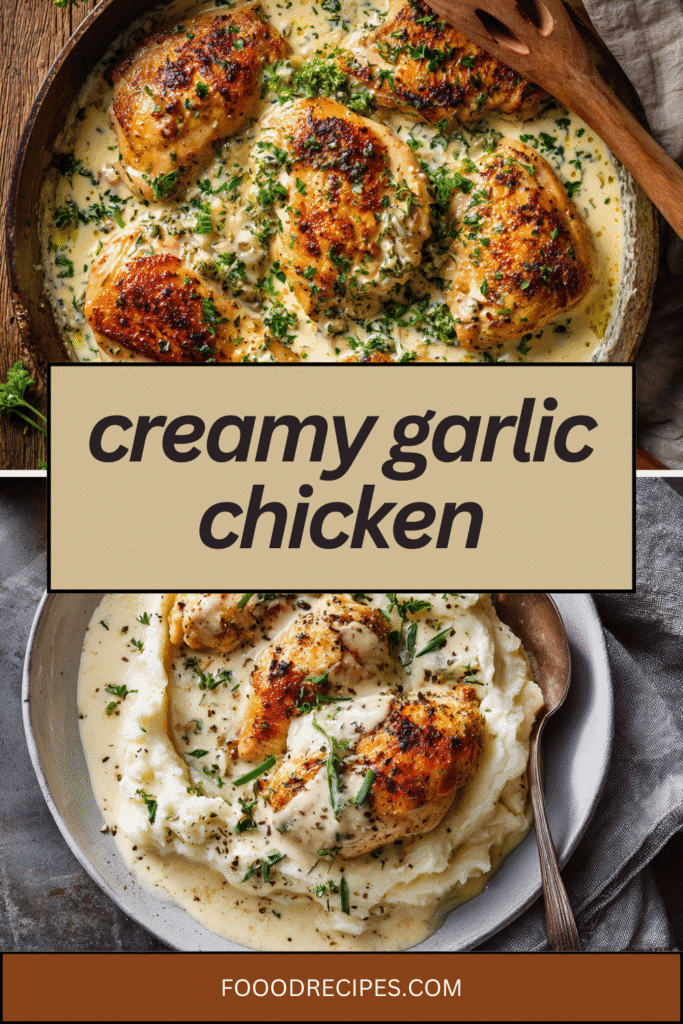 Golden seared creamy garlic chicken in skillet and served over mashed potatoes