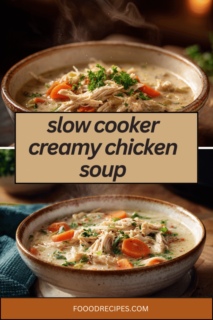 Slow cooker creamy chicken soup in a rustic ceramic bowl with steam and fresh herbs