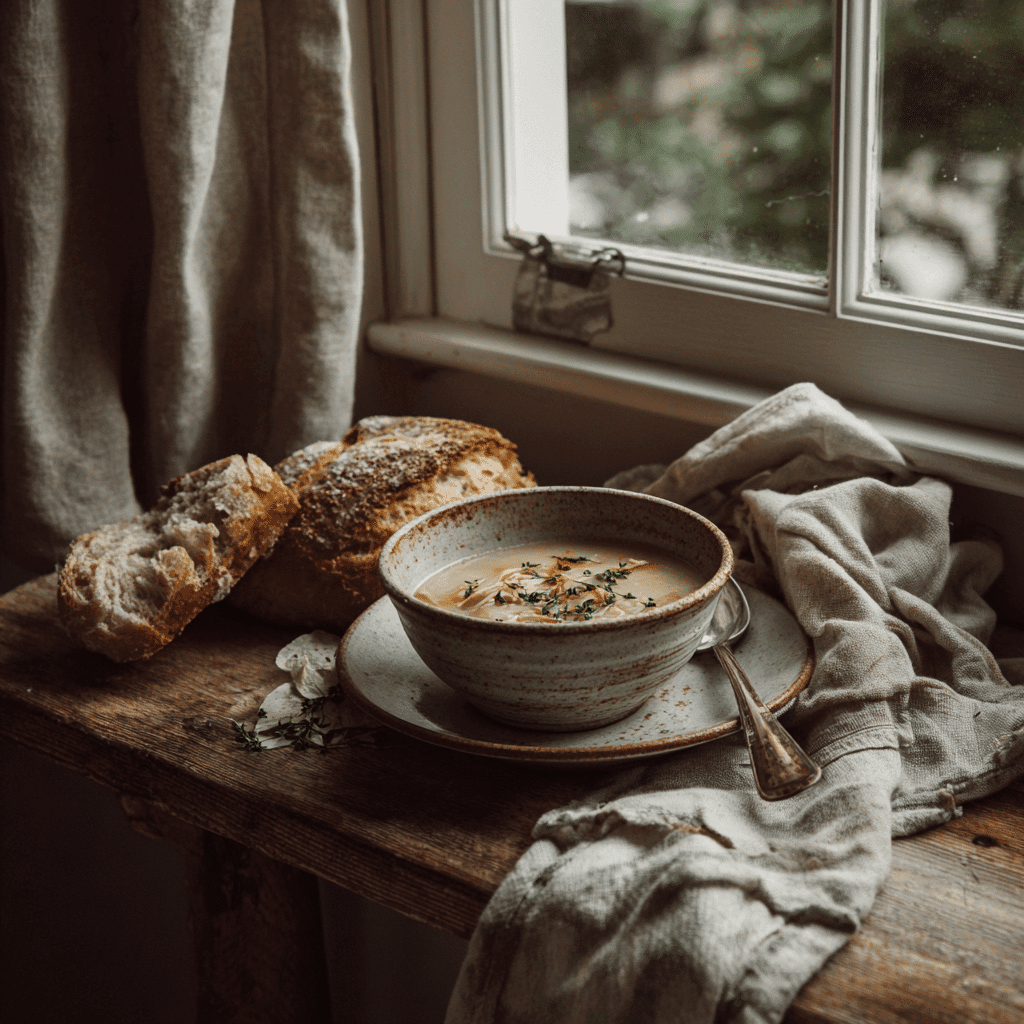 Bowl of slow cooker creamy chicken soup served with bread