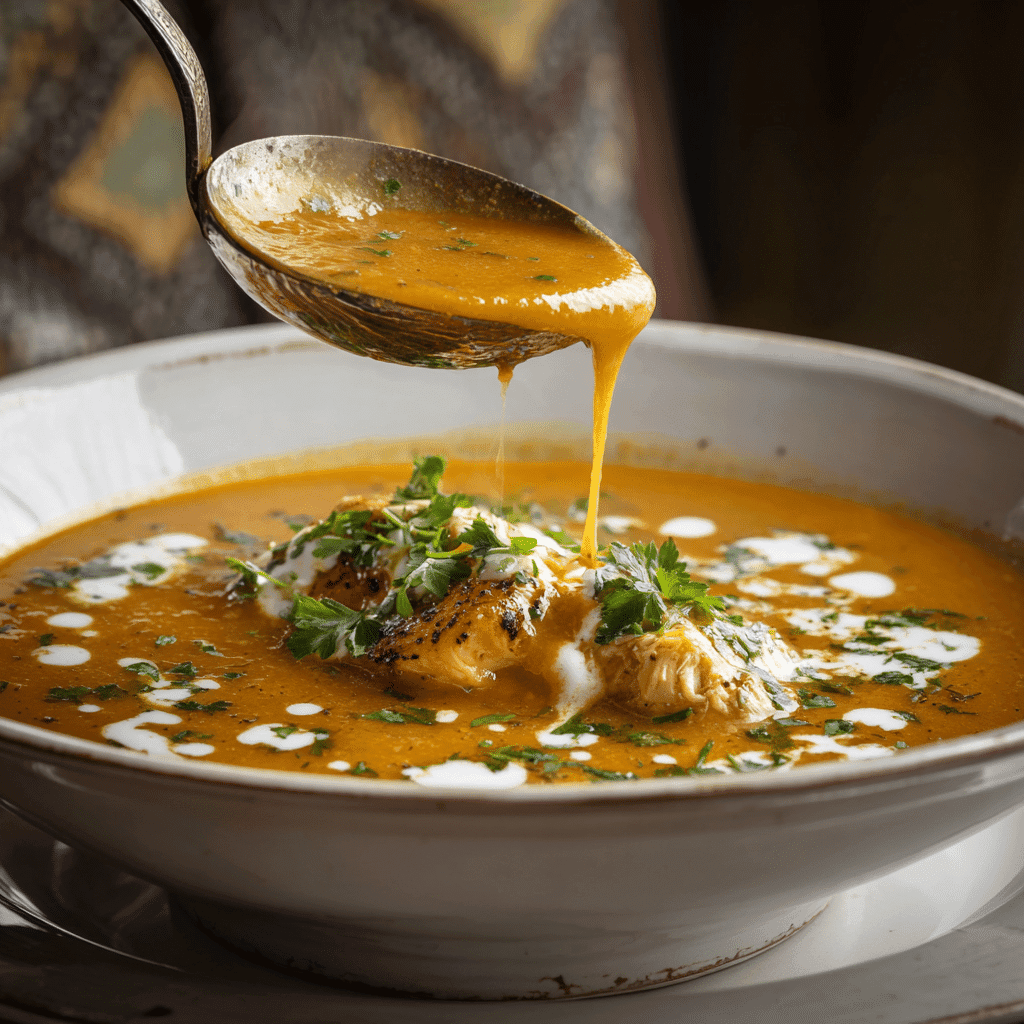 Ladling pumpkin chicken soup into bowl