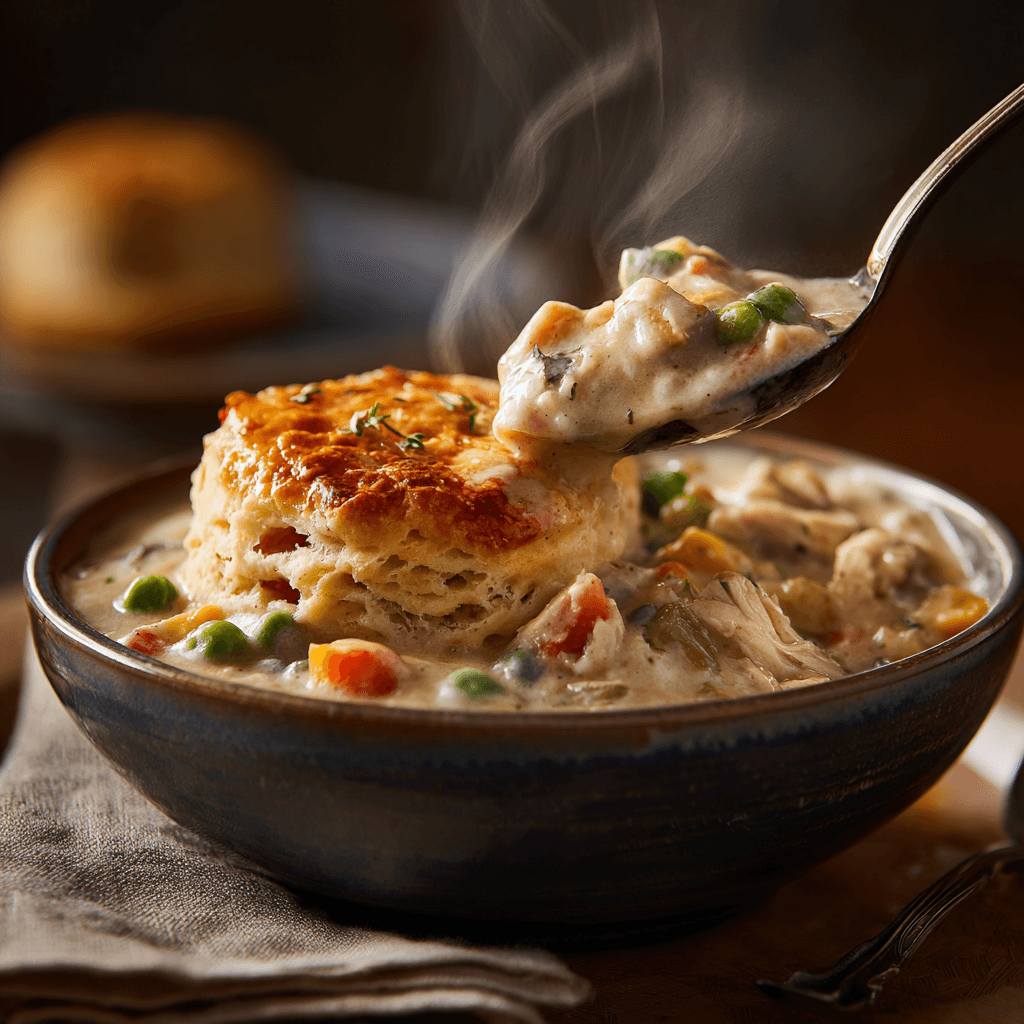 Serving chicken pot pie from slow cooker with biscuit on top