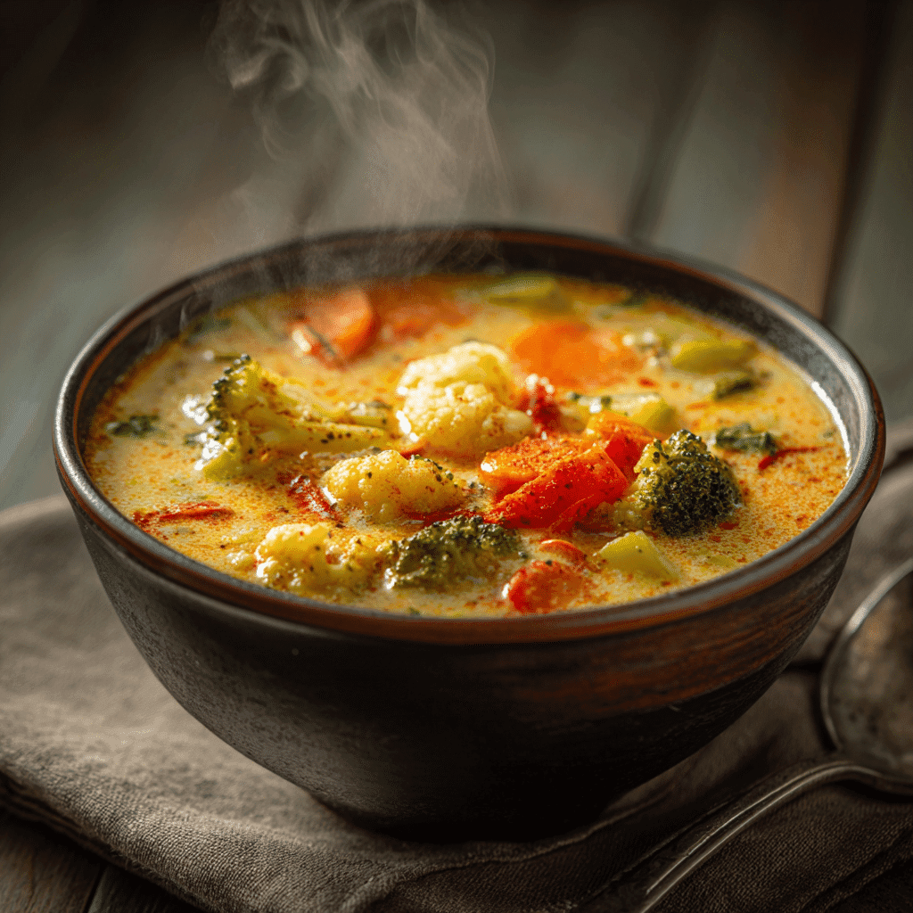 Cajun creamy vegetable soup in a rustic bowl