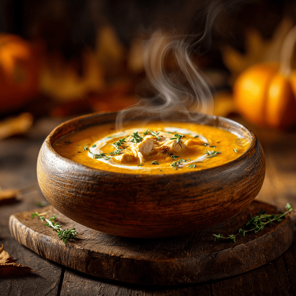 Pumpkin chicken soup with herbs in a rustic bowl