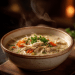 Bowl of slow cooker creamy chicken soup served with bread