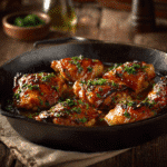 Honey garlic chicken thighs in a skillet with glaze