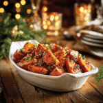 maple glazed sweet potatoes with pecans on a holiday table