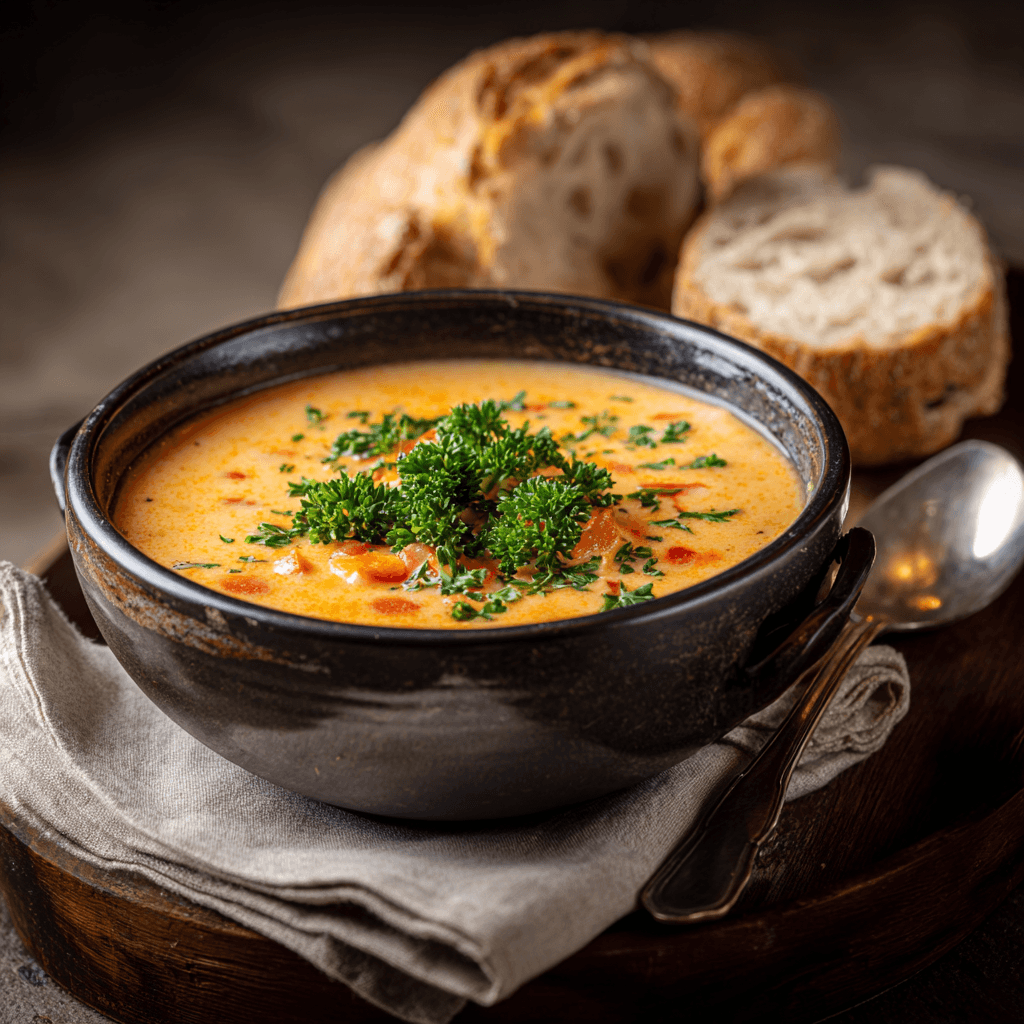 Served bowl of Cajun creamy vegetable soup