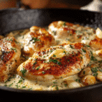 Creamy garlic butter chicken breasts in skillet