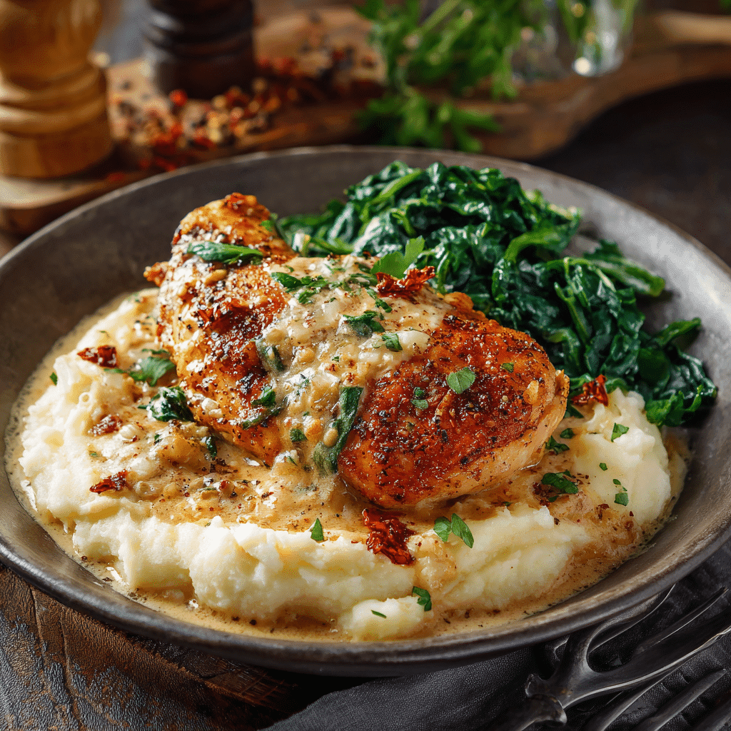Creamy garlic chicken served with mashed potatoes
