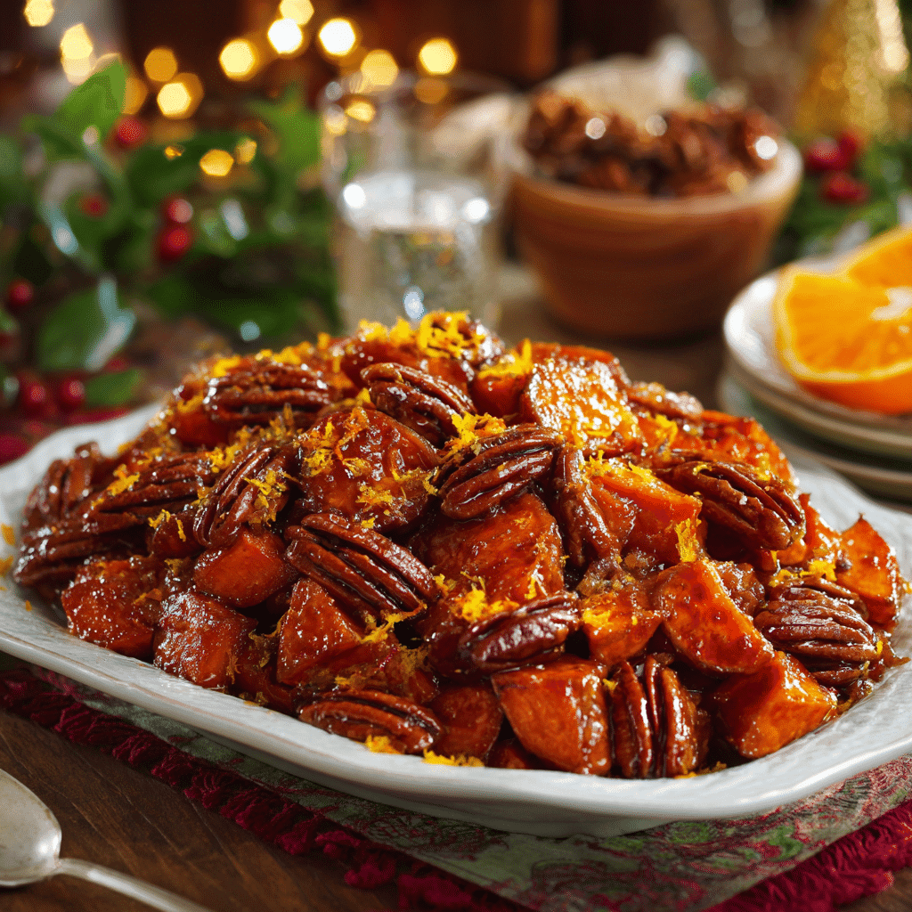 plated maple glazed sweet potatoes with pecans garnished