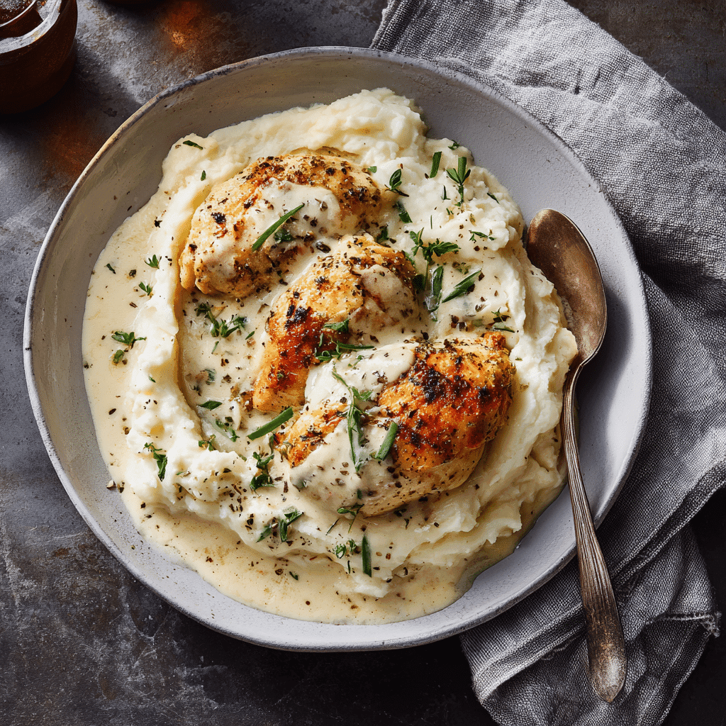 Creamy garlic chicken served over potatoes