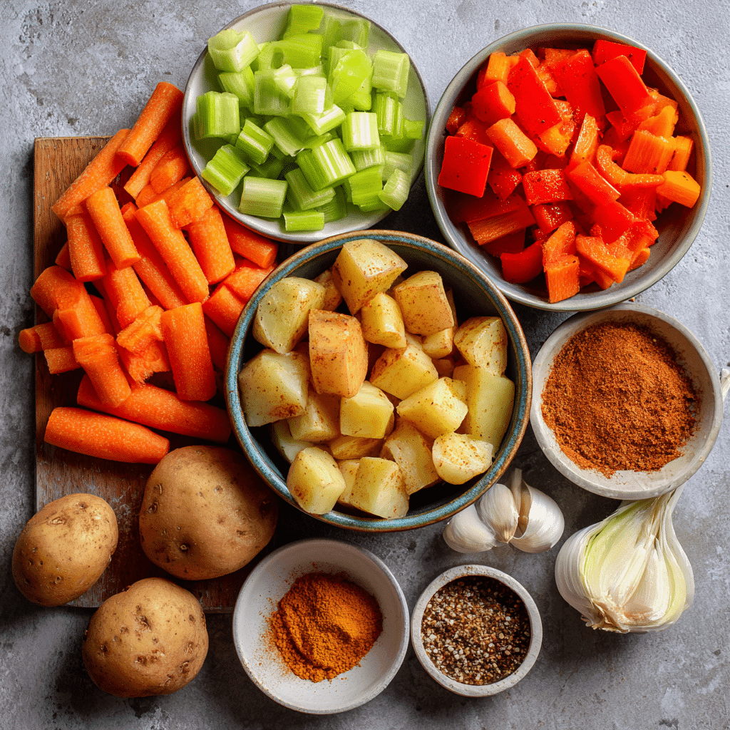 Fresh ingredients for Cajun creamy vegetable soup