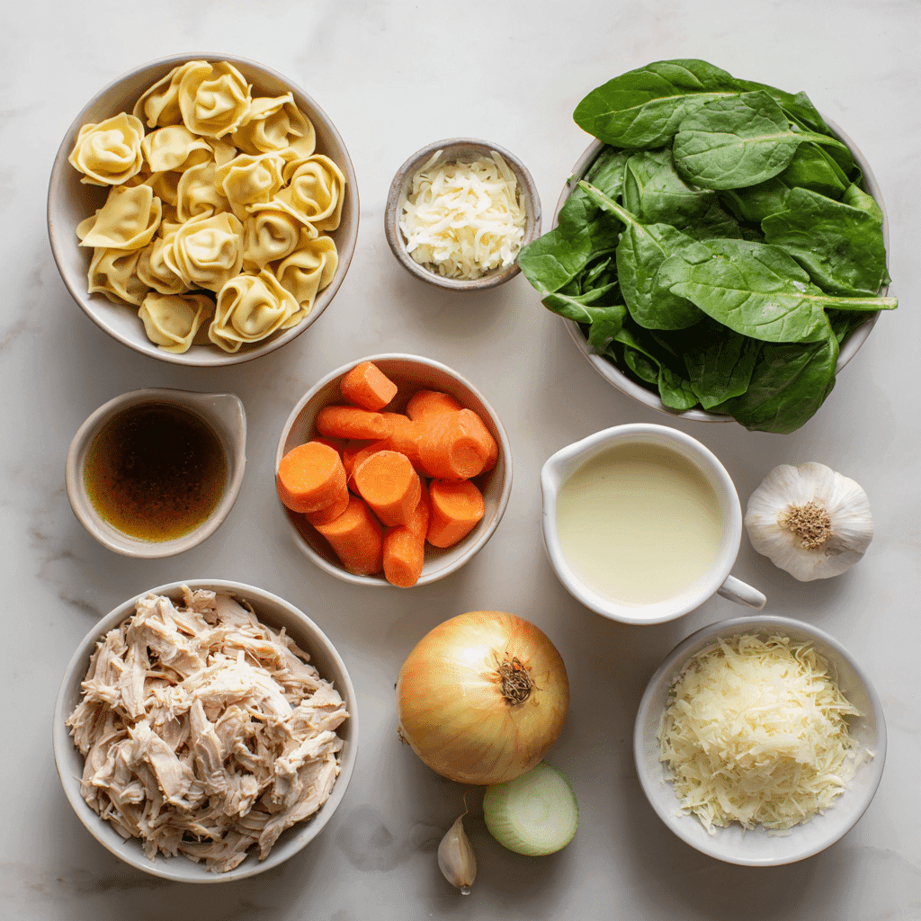 Ingredients for creamy chicken tortellini soup