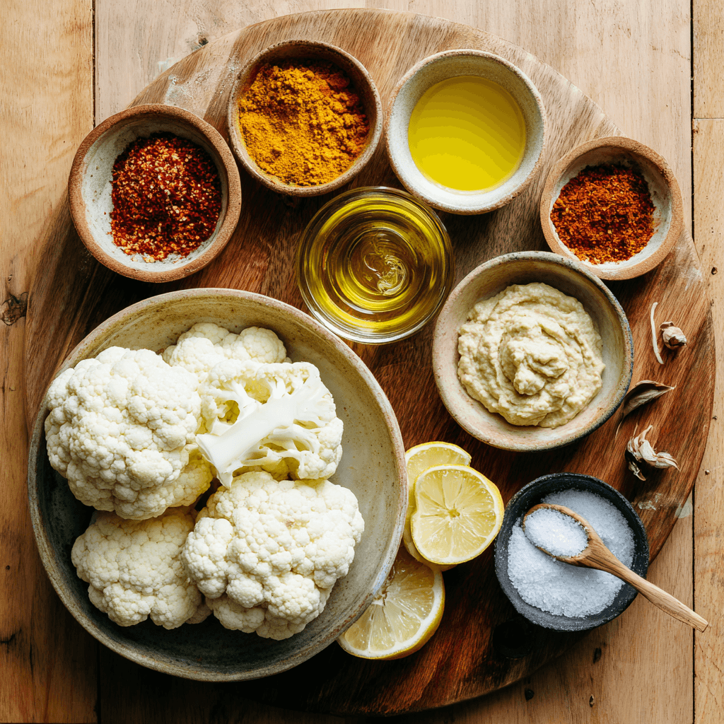 Ingredients for spiced roasted cauliflower with tahini sauce