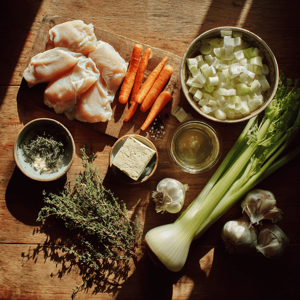 Ingredients for slow cooker creamy chicken soup on a rustic table