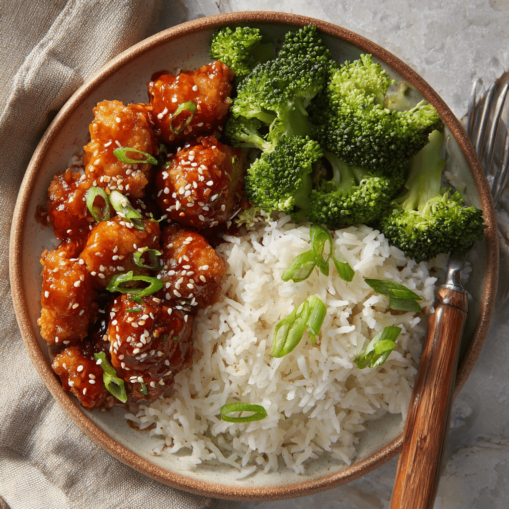 Honey garlic chicken bites served over rice